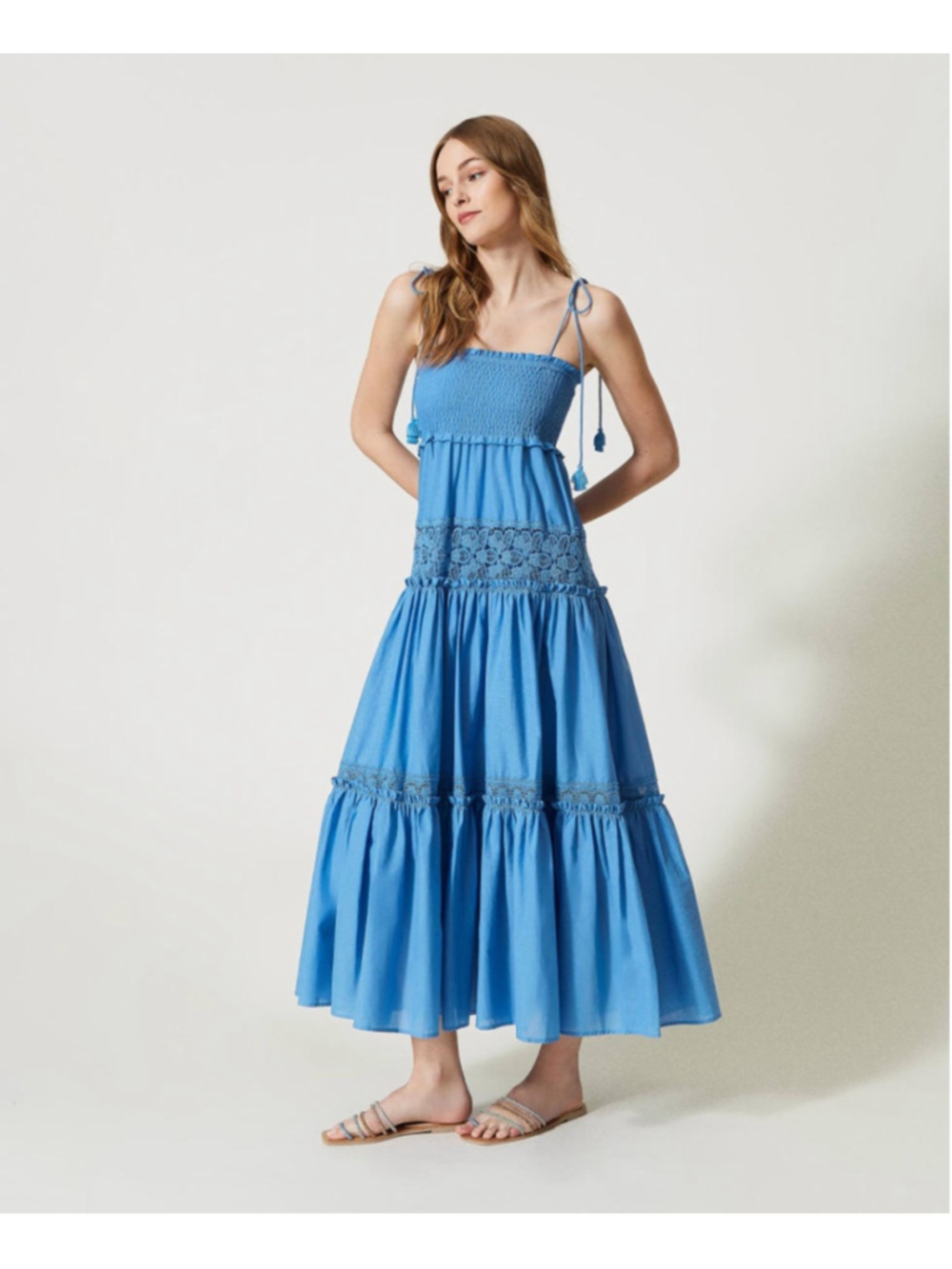Twinset Milano Long Flounced Dress with Macrame Lace Womens Size Small Boho